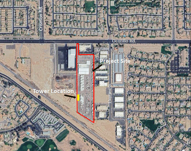 The location at South Crismon and East Ocotillo roads where Queen Creek's new wireless tower will rise, camouflaged as a tree.